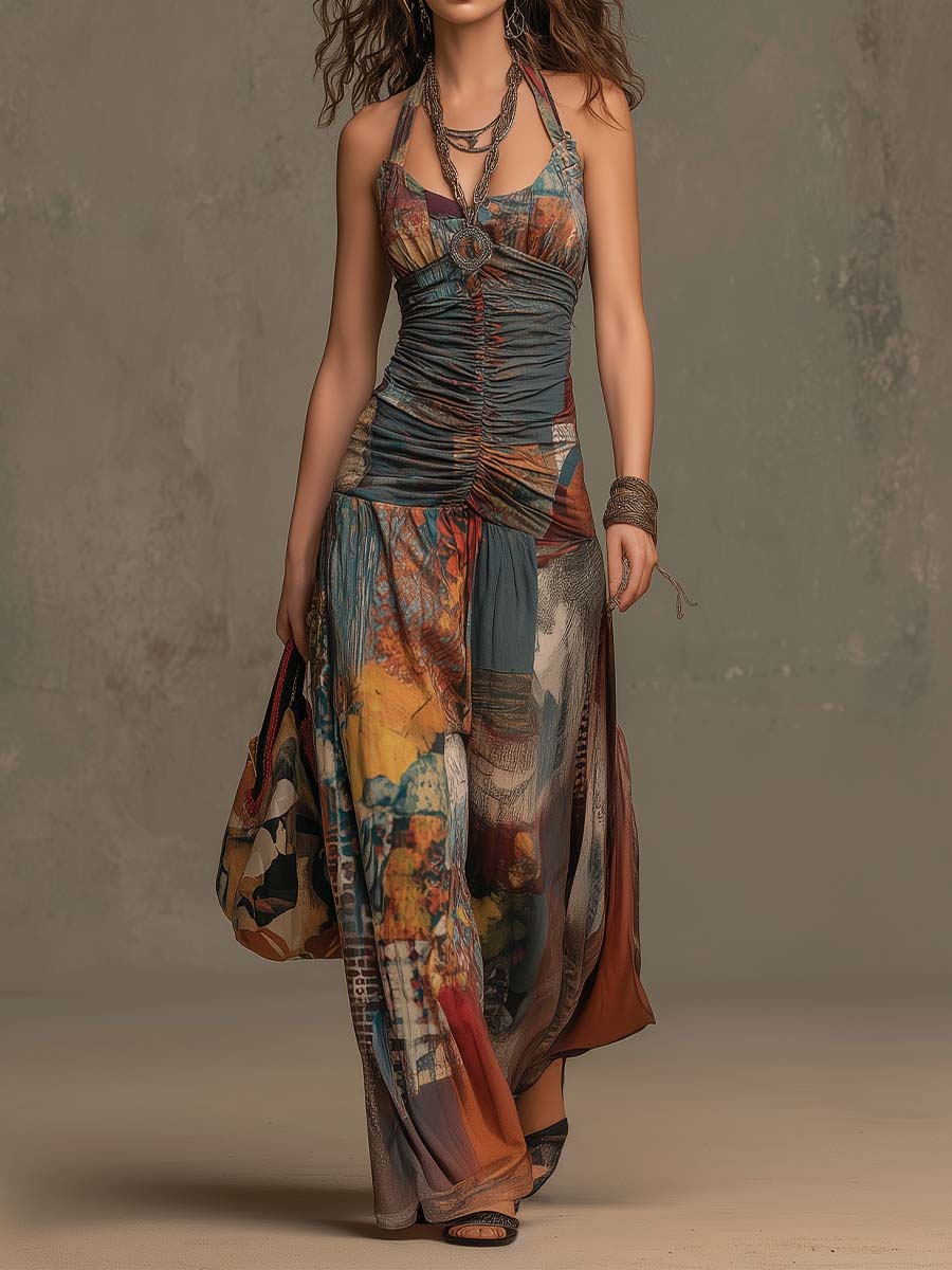 Bohemian Print Halter Ruched Wide-Leg Jumpsuit