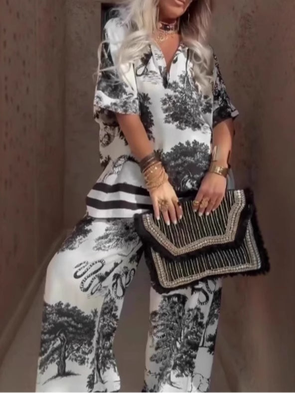 Casual V-neck printed short-sleeved top and wide-leg pants set