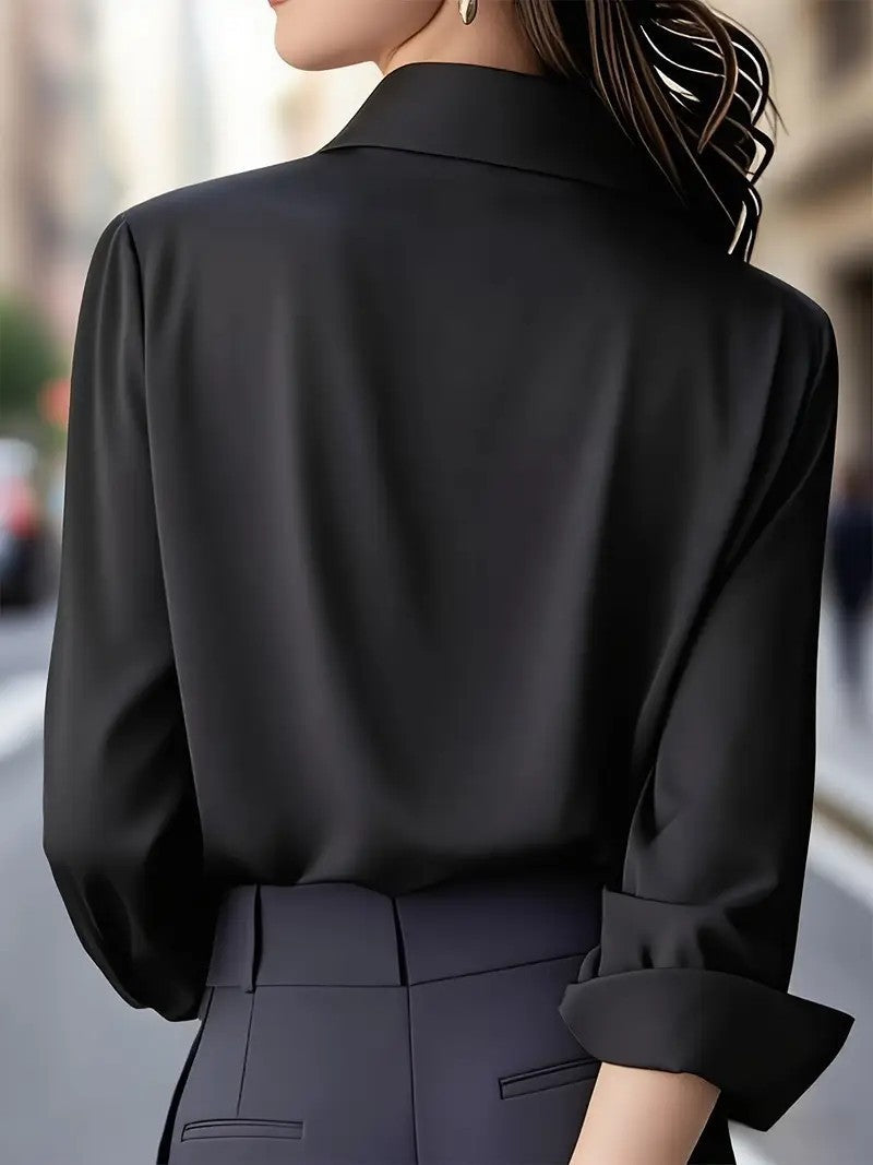 Solid color long-sleeved versatile shirt with lapel satin shirt