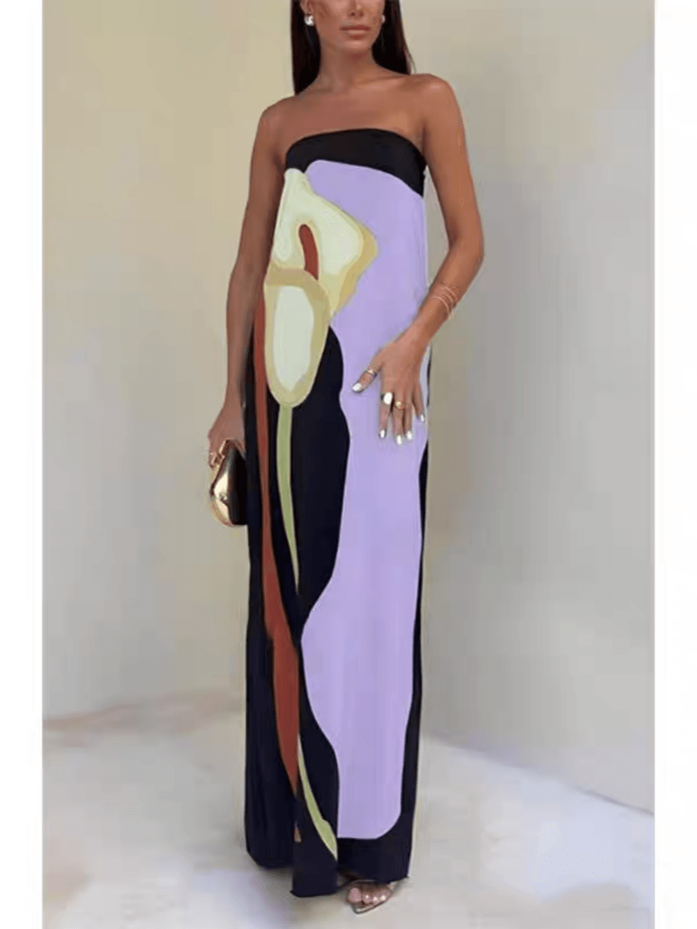 Strapless Color Block Printed Maxi Party Dress