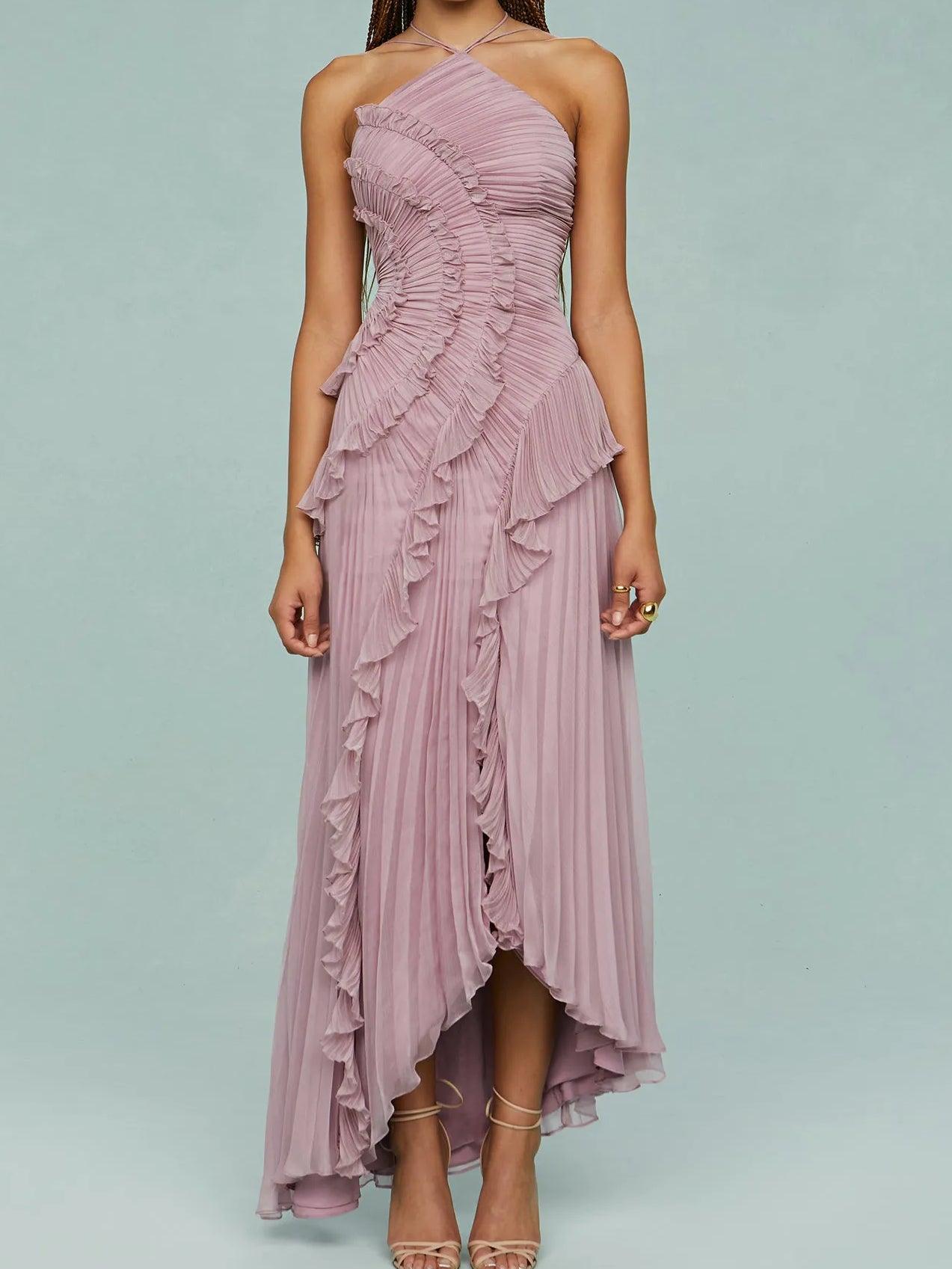 Pleated Suspender Long Dress With Slits