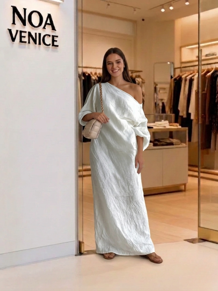 White One-shoulder Flowing Elegant Maxi Dress(No pockets)