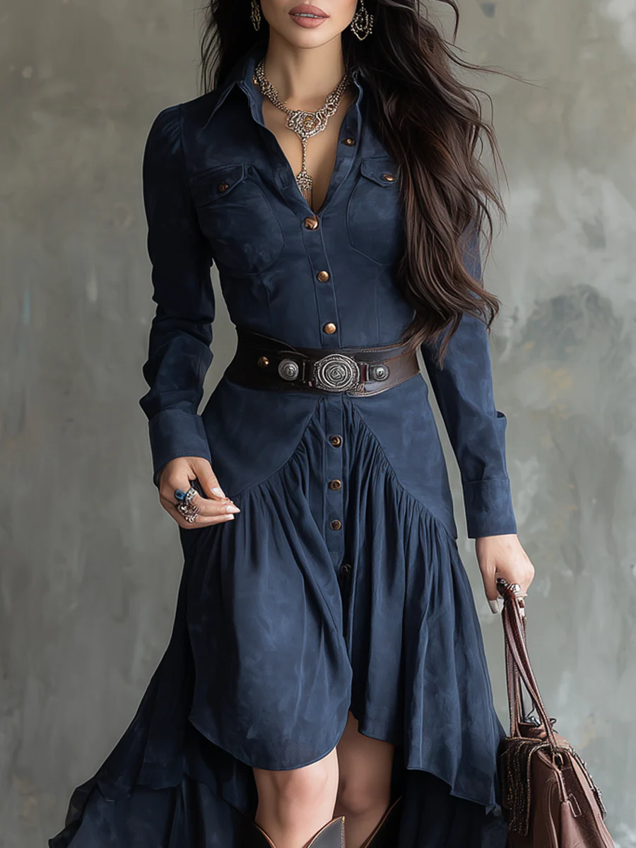 Retro Blue Lapel Button Pocket Irregular Flowy Midi Dress(With belt)