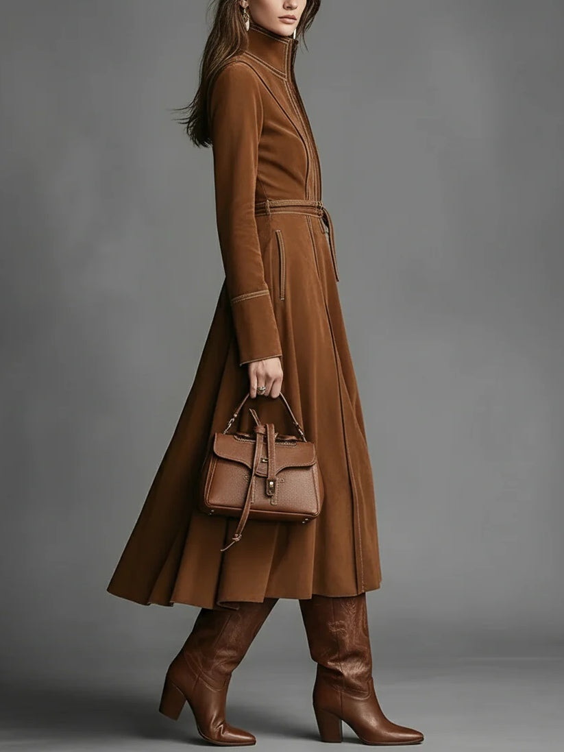 Brown Faux Suede Front Zipper Belted Elegant Maxi Dress