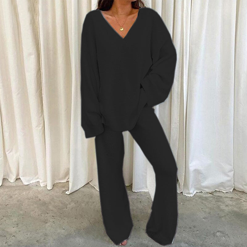 Comfortable Solid Color V-neck Daily Two-piece Set