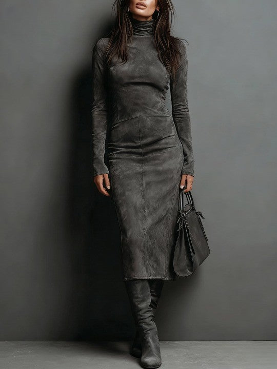 High Neck Long Sleeve Suede Midi Dress