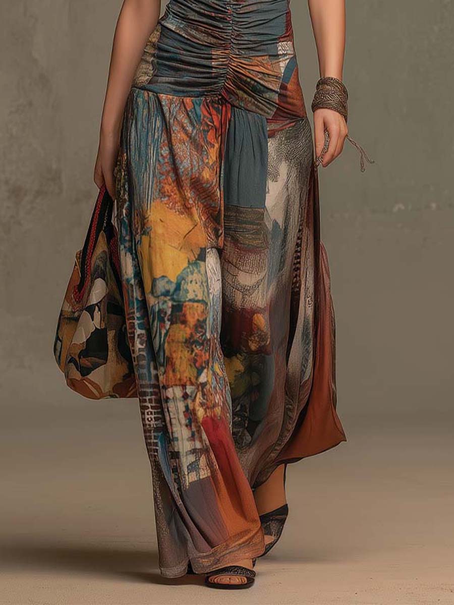 Bohemian Print  Halter Ruched Wide-Leg Jumpsuit