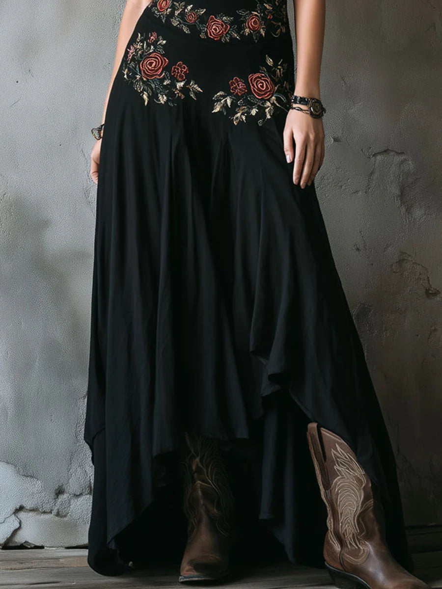 Boho Black Embroidered Halter Neck Maxi Dress（Accessories not included.）