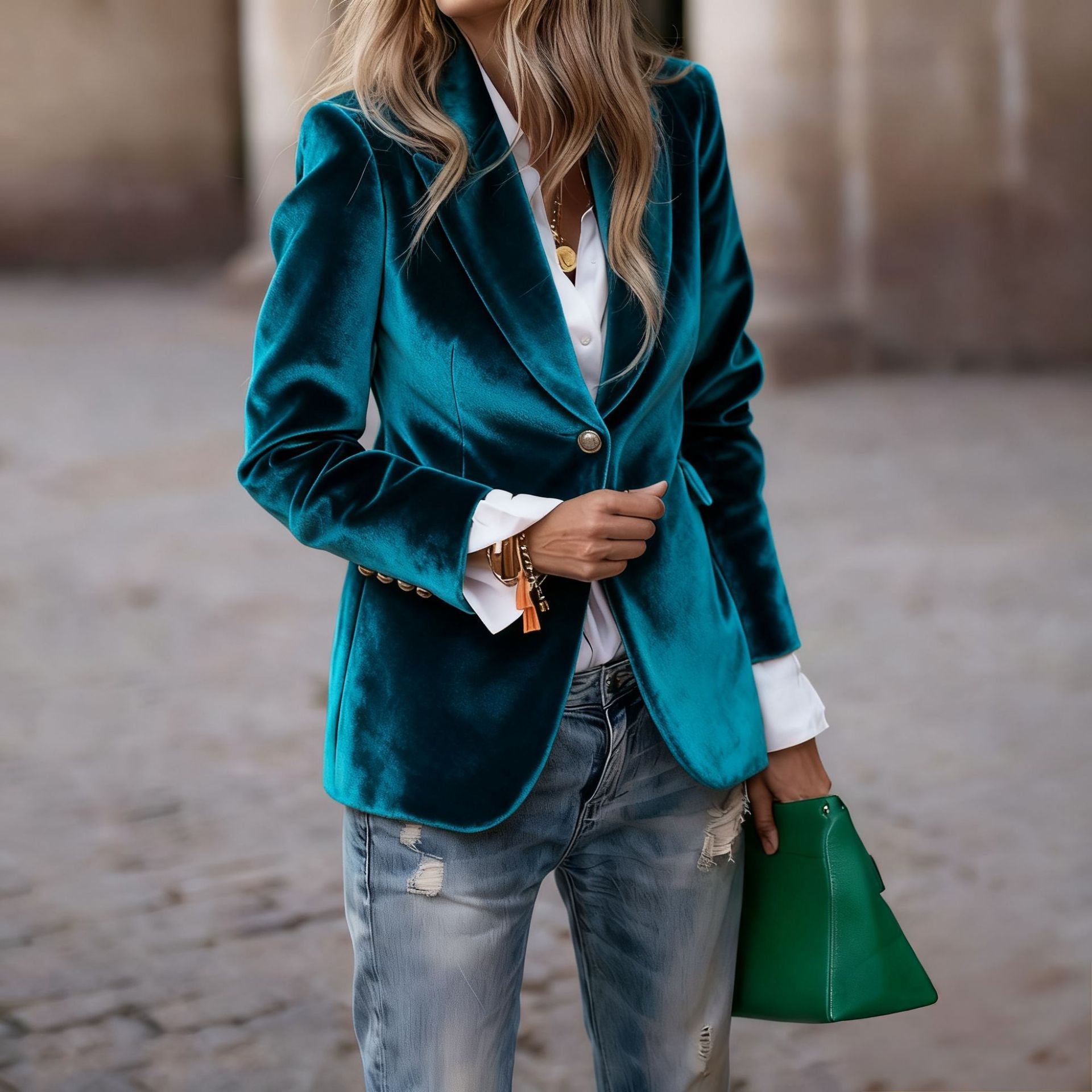 Elegant Velvet Slim-fit Faux Pocket Suit Jacket