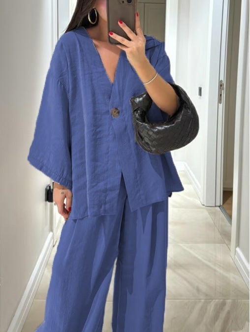 Casual V-Neck Top & Pants Two-Piece Set