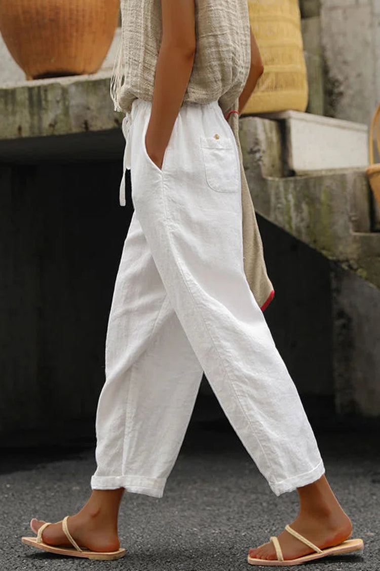 Solid Color Cotton Linen Lace Up Loose Casual Pants