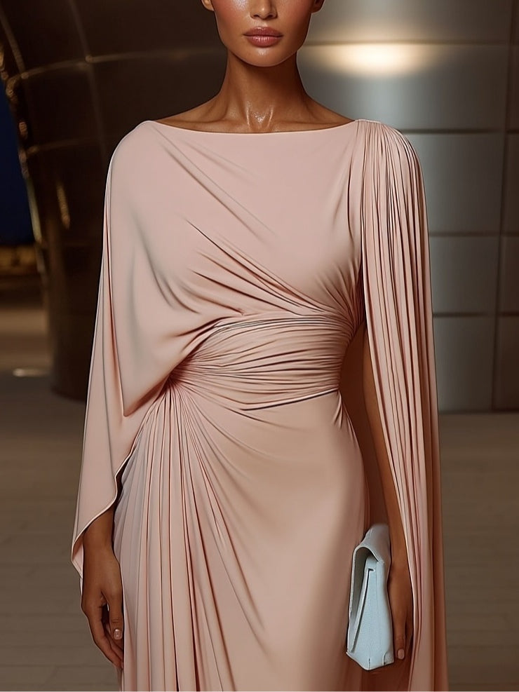Pleated irregular drape slim-fit maxi dress