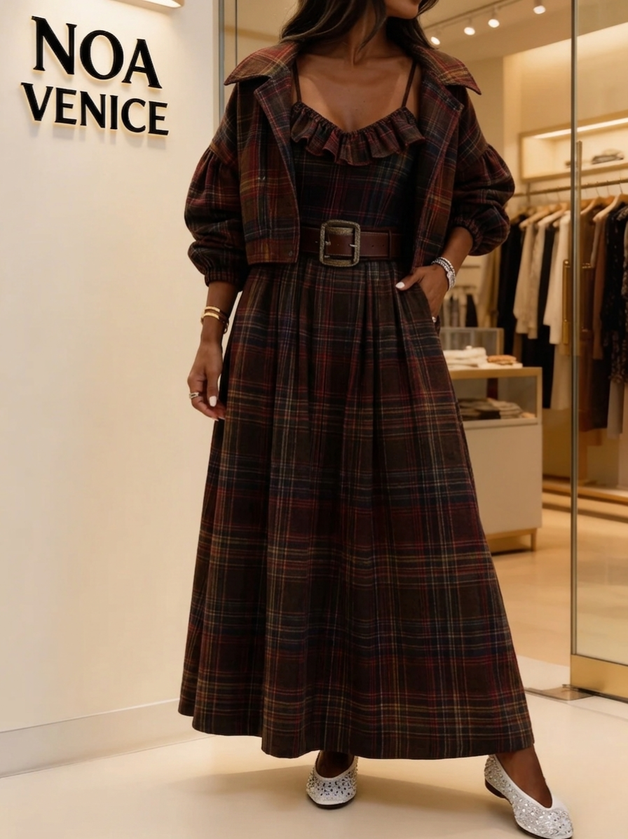 Vintage Plaid Ruffle Mini Dress and Loose Jacket Set（Includes belt）