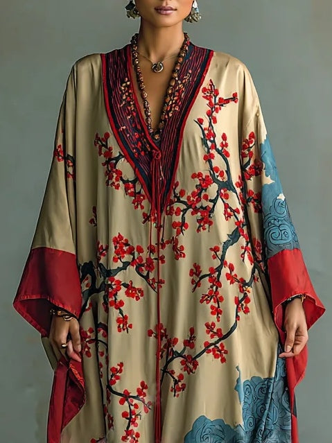 Japanese Red Plum Blossom Print Batwing Sleeve Maxi Dress