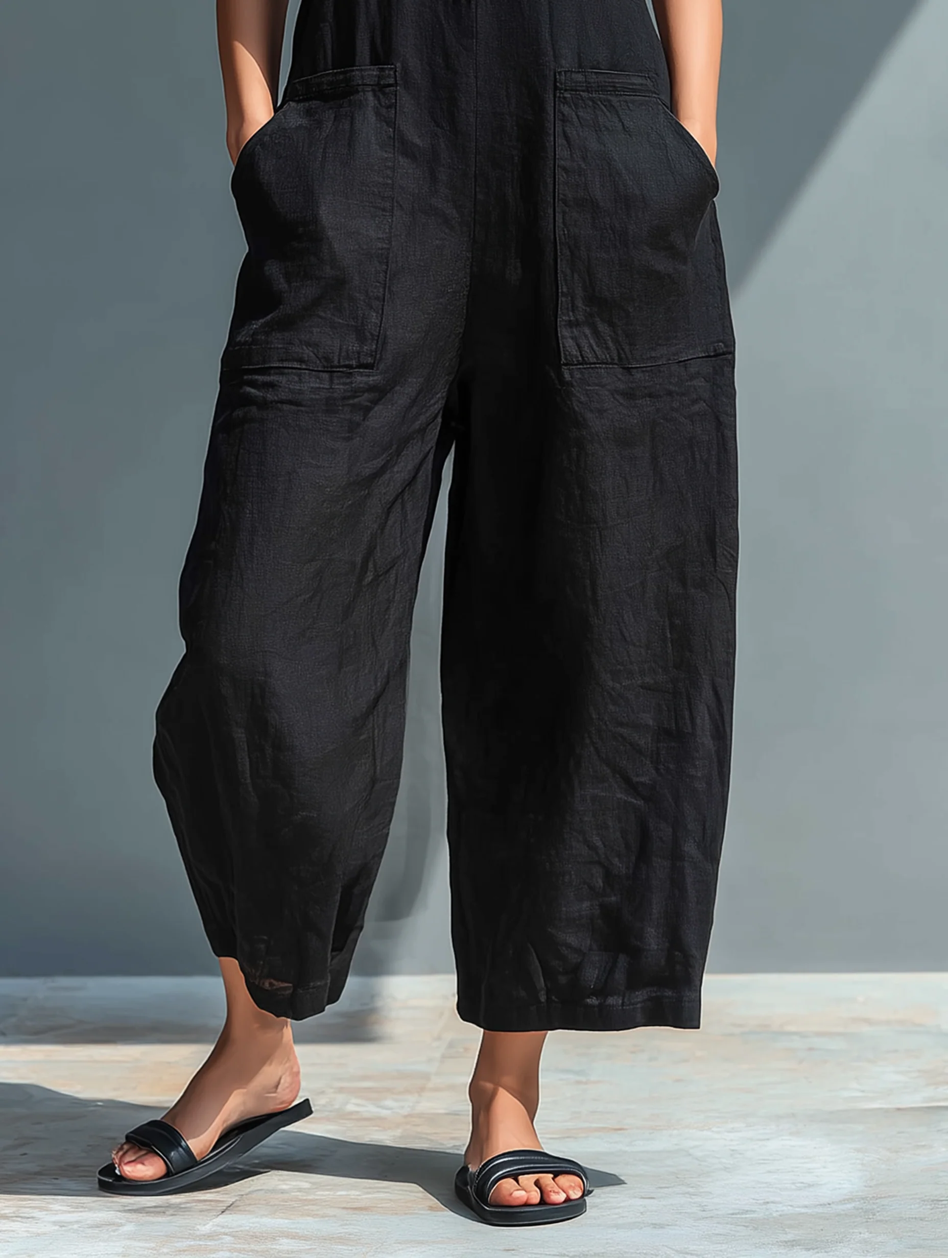 Black Minimalist Faux Linen Button-down Collar Sleeveless Loose-fitting Jumpsuit