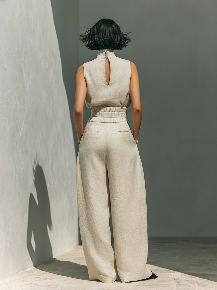 Beige Faux Cotton-linen Blend Sleeveless Top And Wide-leg Pants Set
