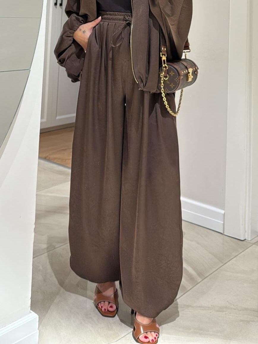 Brown Drawstring Wide-leg Casual Pants