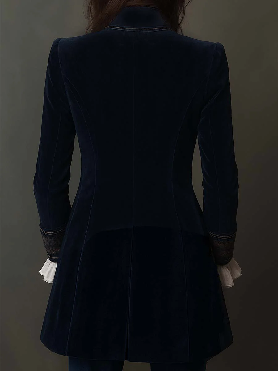 Vintage Navy Polyester Velvet Embroidered Long Jacket