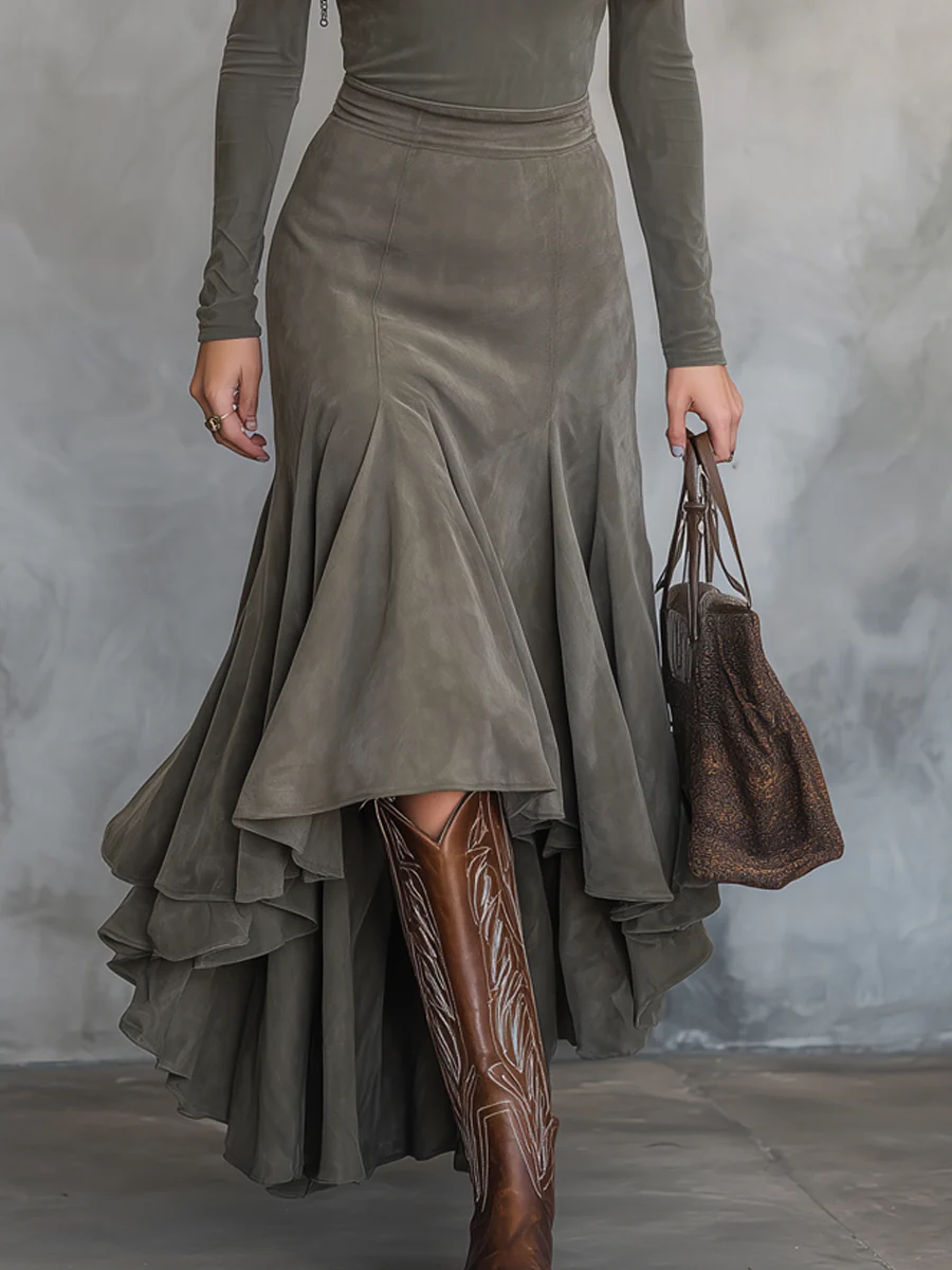 Retro Green Turtleneck Midi Dress With Irregular Hem