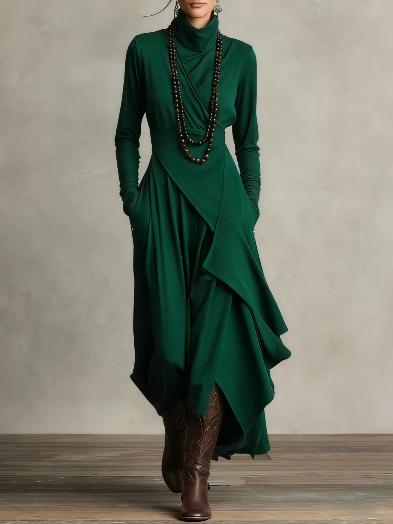 Purple High-neck Asymmetrical Pleated Maxi Dress（Necklace not included）