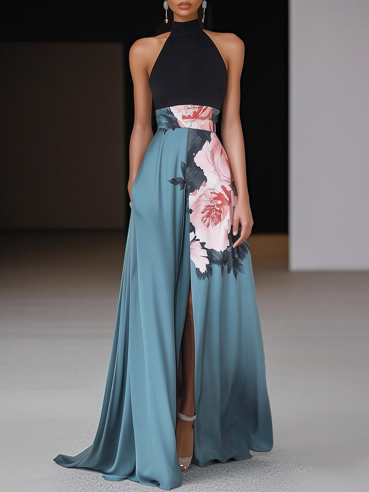 Black Slit Floral Classic Crew Neck Sleeveless A-Line Maxi Dress
