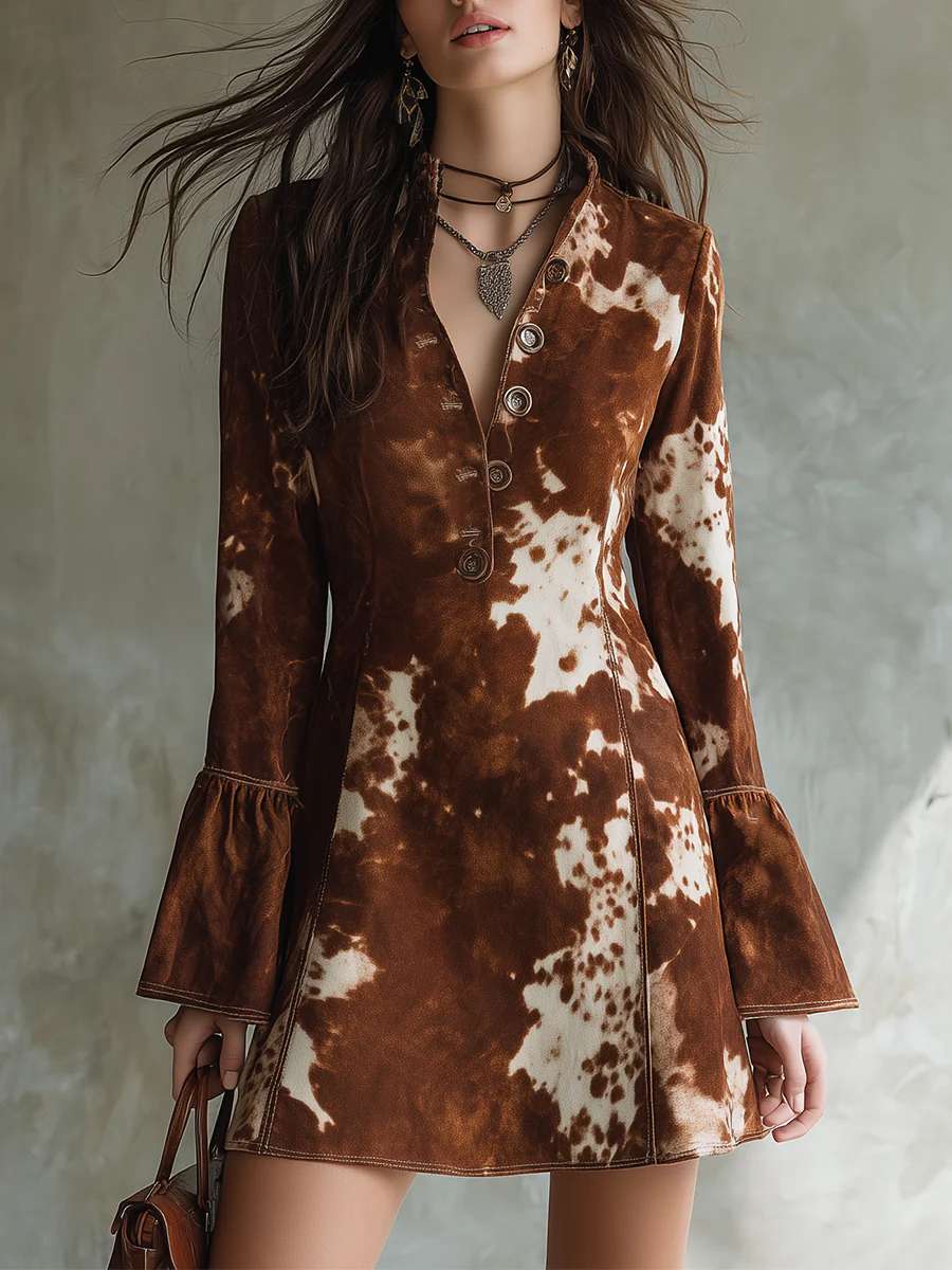 Cow Print Button-down Flared Sleeve Retro Mini Dress