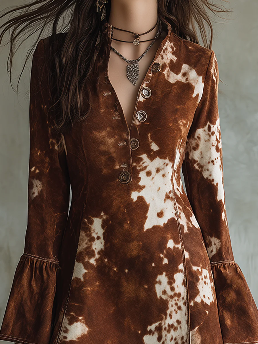 Cow Print Button-down Flared Sleeve Retro Mini Dress