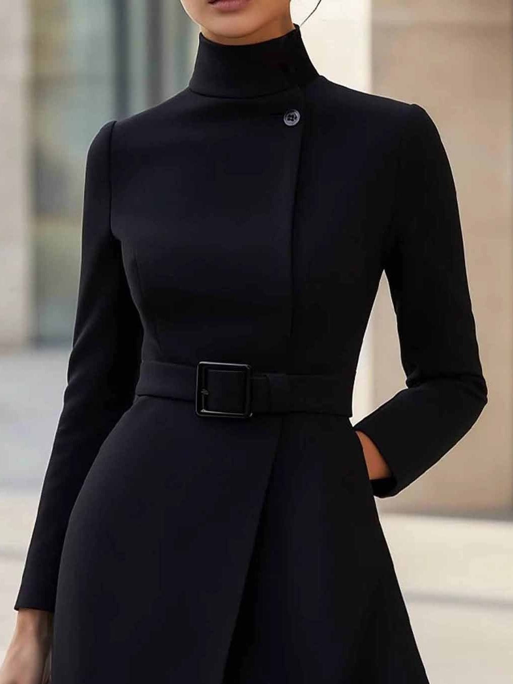 Elegant High-neck Tie-waist A-line Midi Dress (with belt)