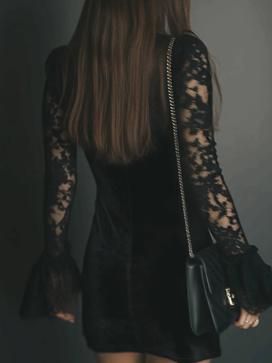 Black Velvet Lace Flared Sleeve Mini Dress