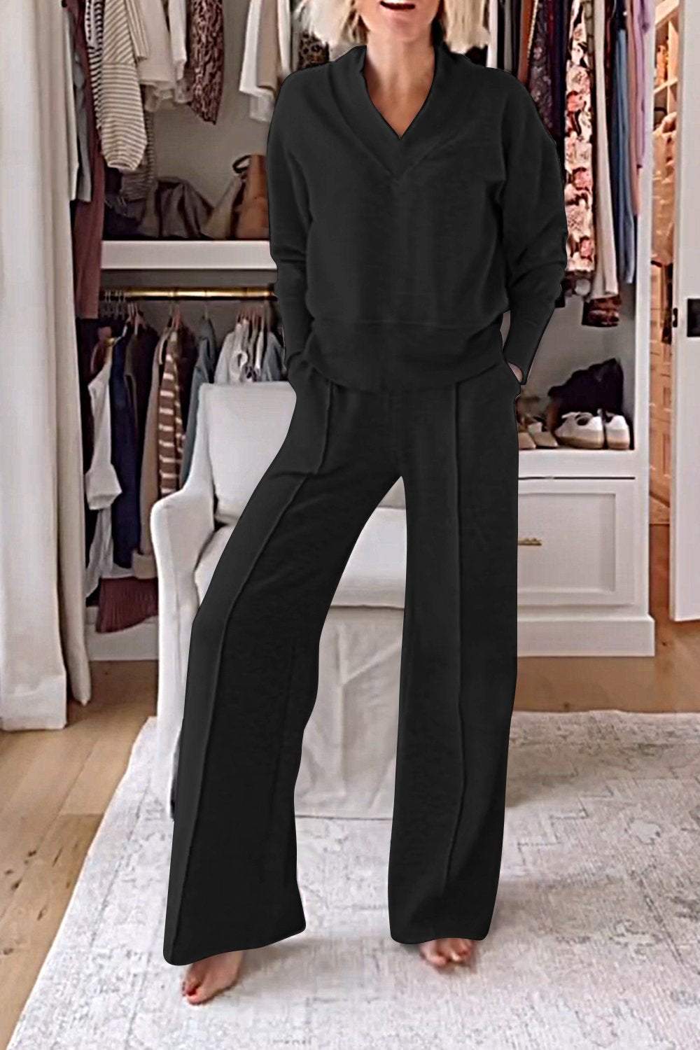 Solid Color V-neck Top & Pants Two-piece Set