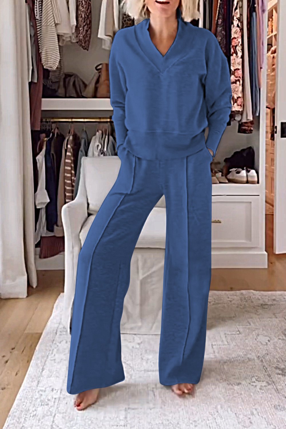 Solid Color V-neck Top & Pants Two-piece Set